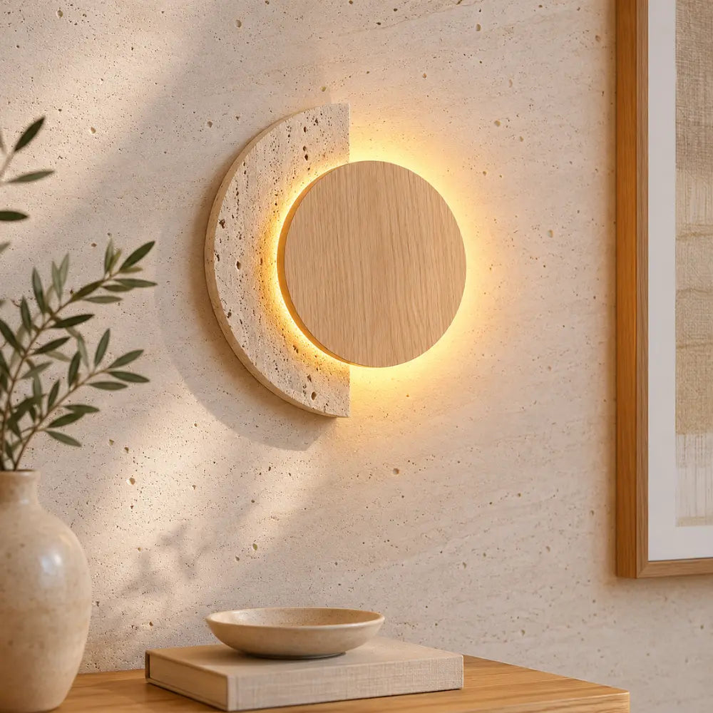 Aplicación de Pared Estilo Travertino y Madera con LED Integrado | Halla