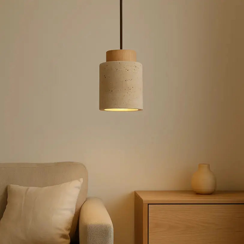 Moderna Lámpara Colgante de Travertino y Madera | Lumi