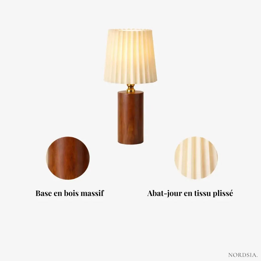 Lámpara de Noche de Madera Sólida con Pantalla de Tela Plisada | Lior