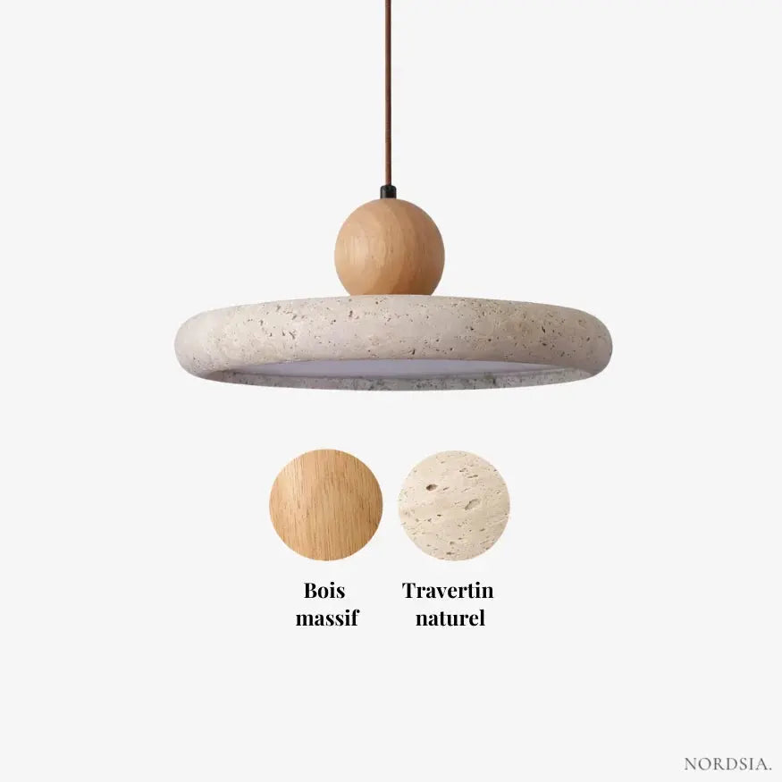 Suspensión Escandinava de Travertino y Madera Ø 30 cm | Lyng