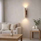 Minimalist Wall Sconce in Travertine and Wood | Mysen