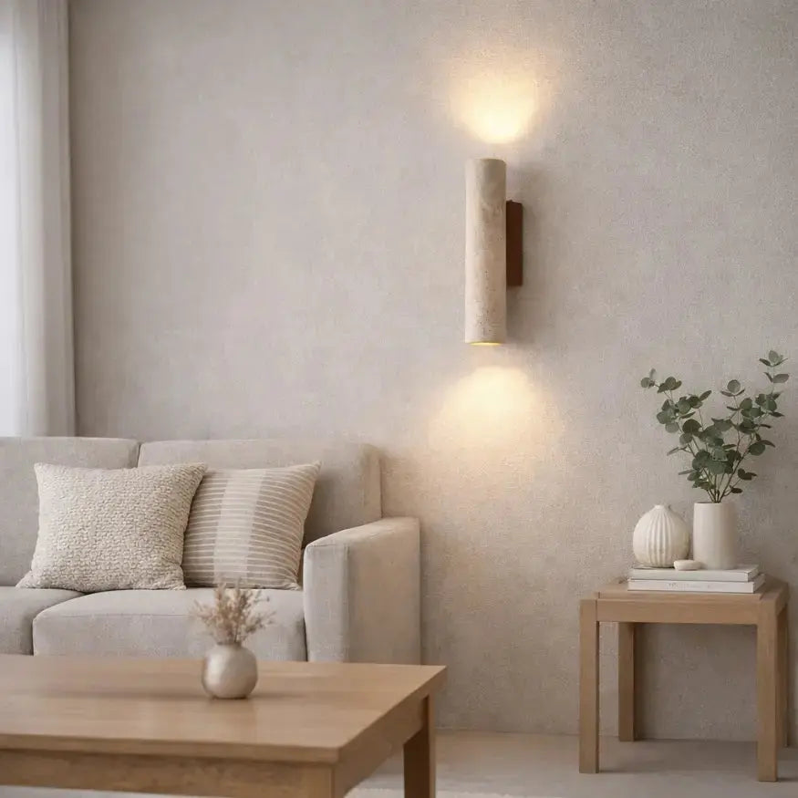 Minimalist Wall Sconce in Travertine and Wood | Mysen