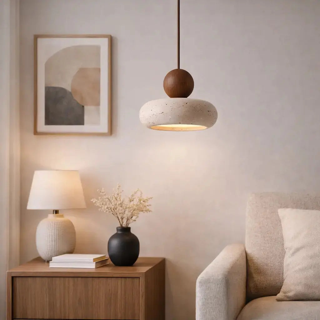 Alva - Minimalist Suspension in Travertine and Wood