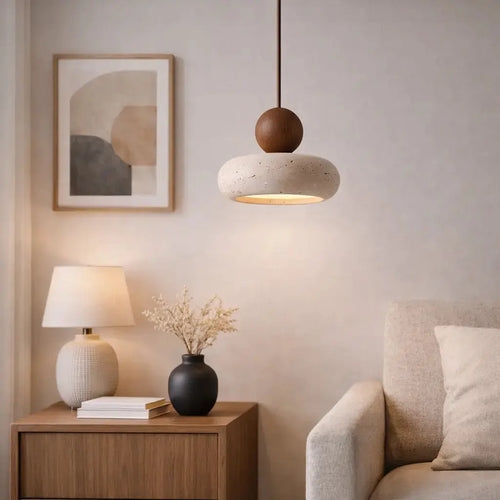 Alva - Minimalist Suspension in Travertine and Wood