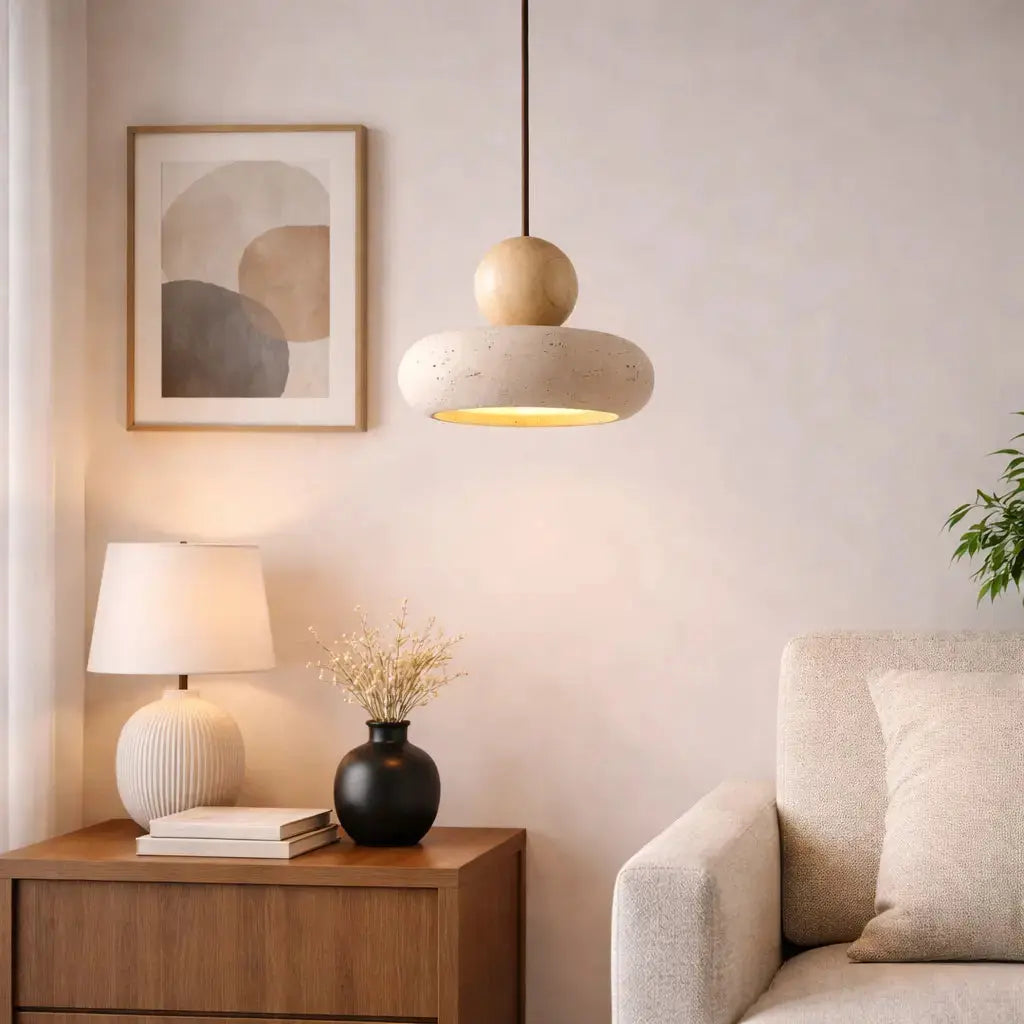 Alva - Minimalist Suspension in Travertine and Wood