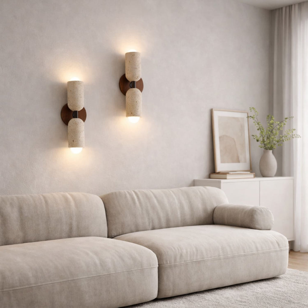 Escandinavian Wall Sconce in Travertine and Solid Wood | Velin