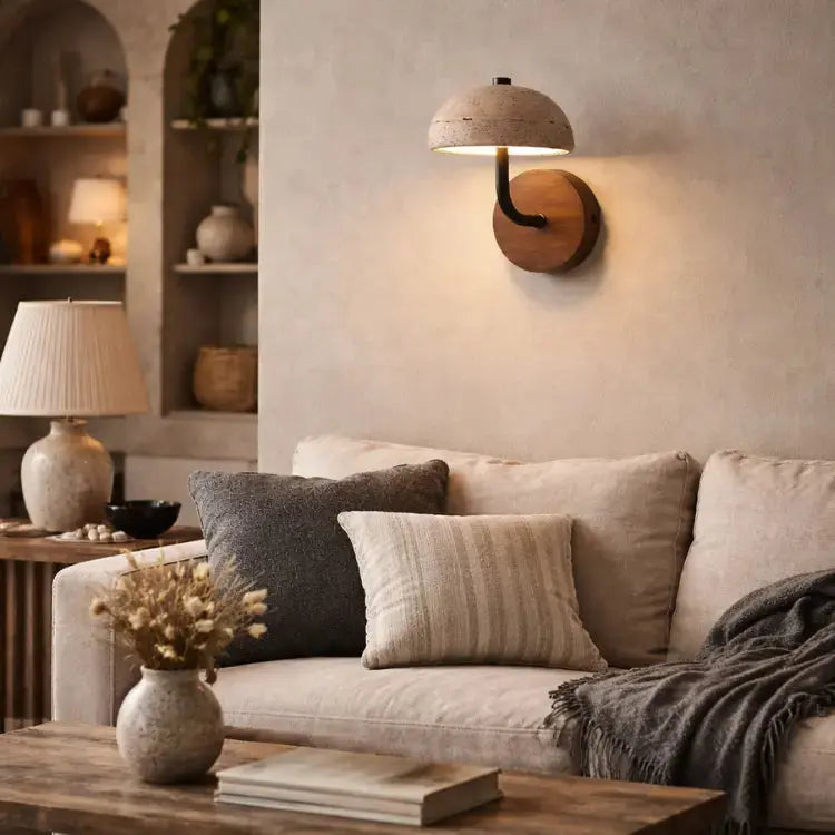 Elegante Aplique de Pared en Travertino y Madera | Modelo Ingrid