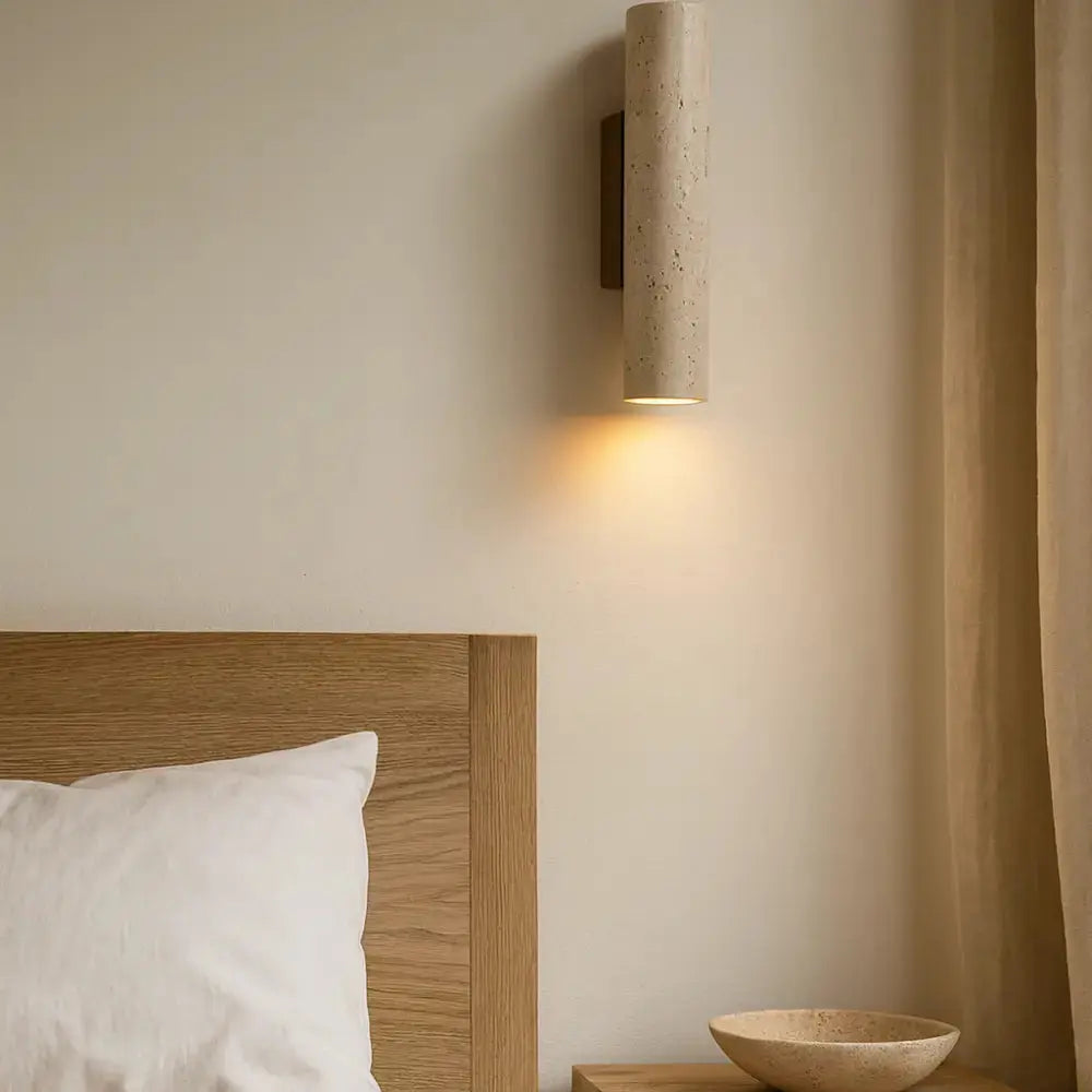 Minimalist Wall Sconce in Travertine and Wood | Mysen