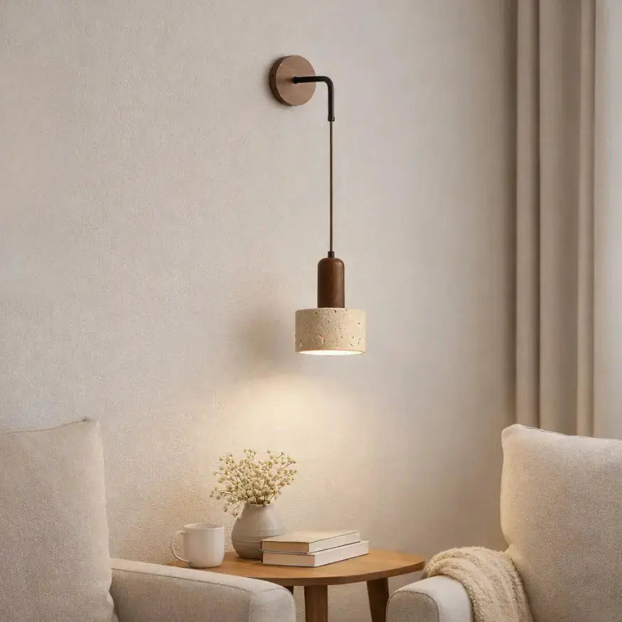Aplicación de pared escandinava en travertino y madera | Elvik