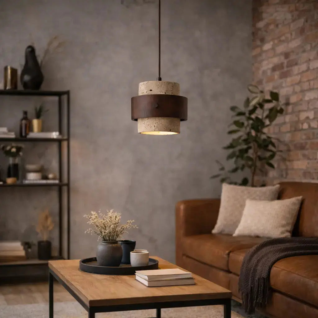 Moderna Lámpara Colgante de Travertino y Madera de Nogal Ø 20 cm | Frya
