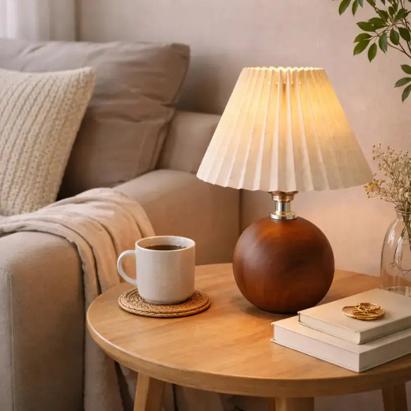Lámpara de noche de madera sólida con pantalla de tela | Aeris
