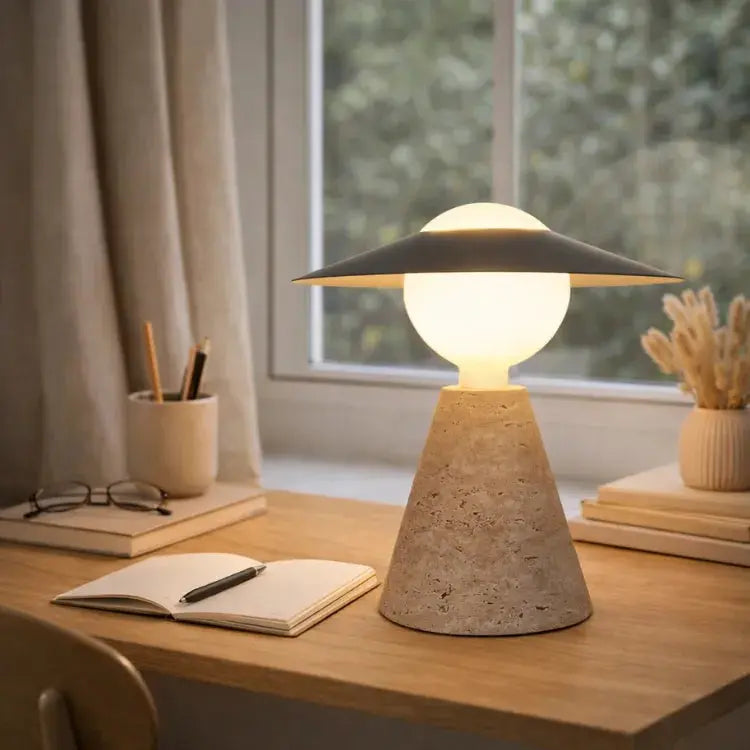 Table Lamp in Scandinavian Style with Travertine and Opaline Glass | Aili