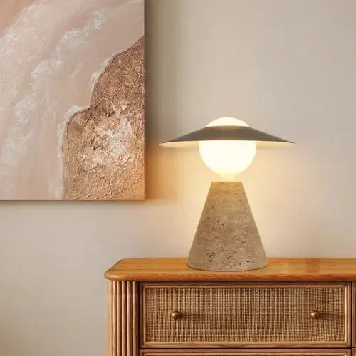 Table Lamp in Scandinavian Style with Travertine and Opaline Glass | Aili