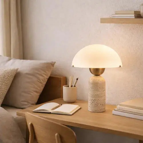 Lampara de Mesa Escandinava en Travertino y Vidrio Opalino | Asta