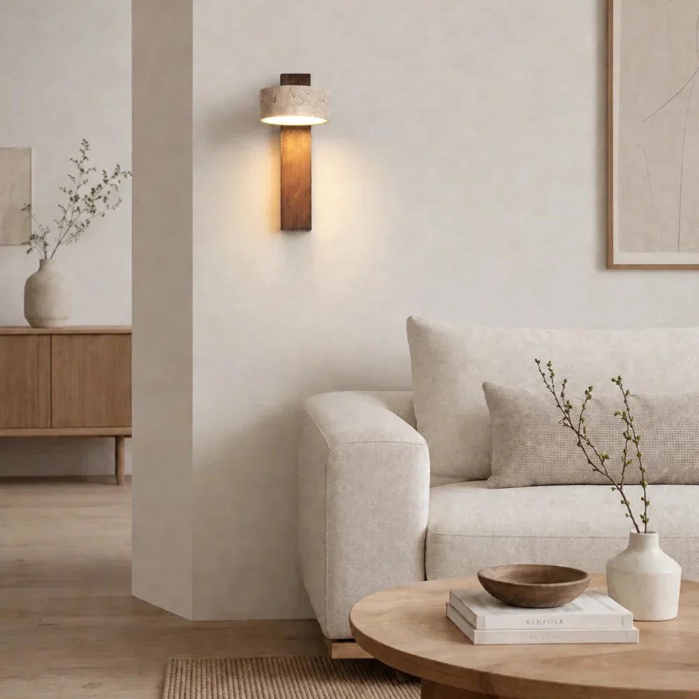 Elegante Aplique de Pared en Madera y Travertino | Solberg