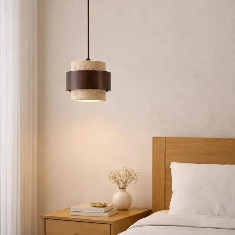 Moderna Lámpara Colgante de Travertino y Madera de Nogal Ø 20 cm | Frya