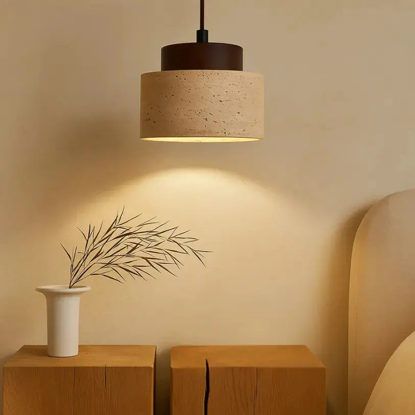Moderna Lámpara Colgante de Travertino y Madera | Lumi